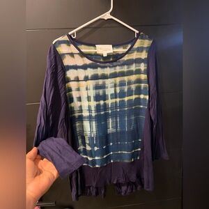 Vince Camuto Blue and Green Plaid Long Sleeve Top